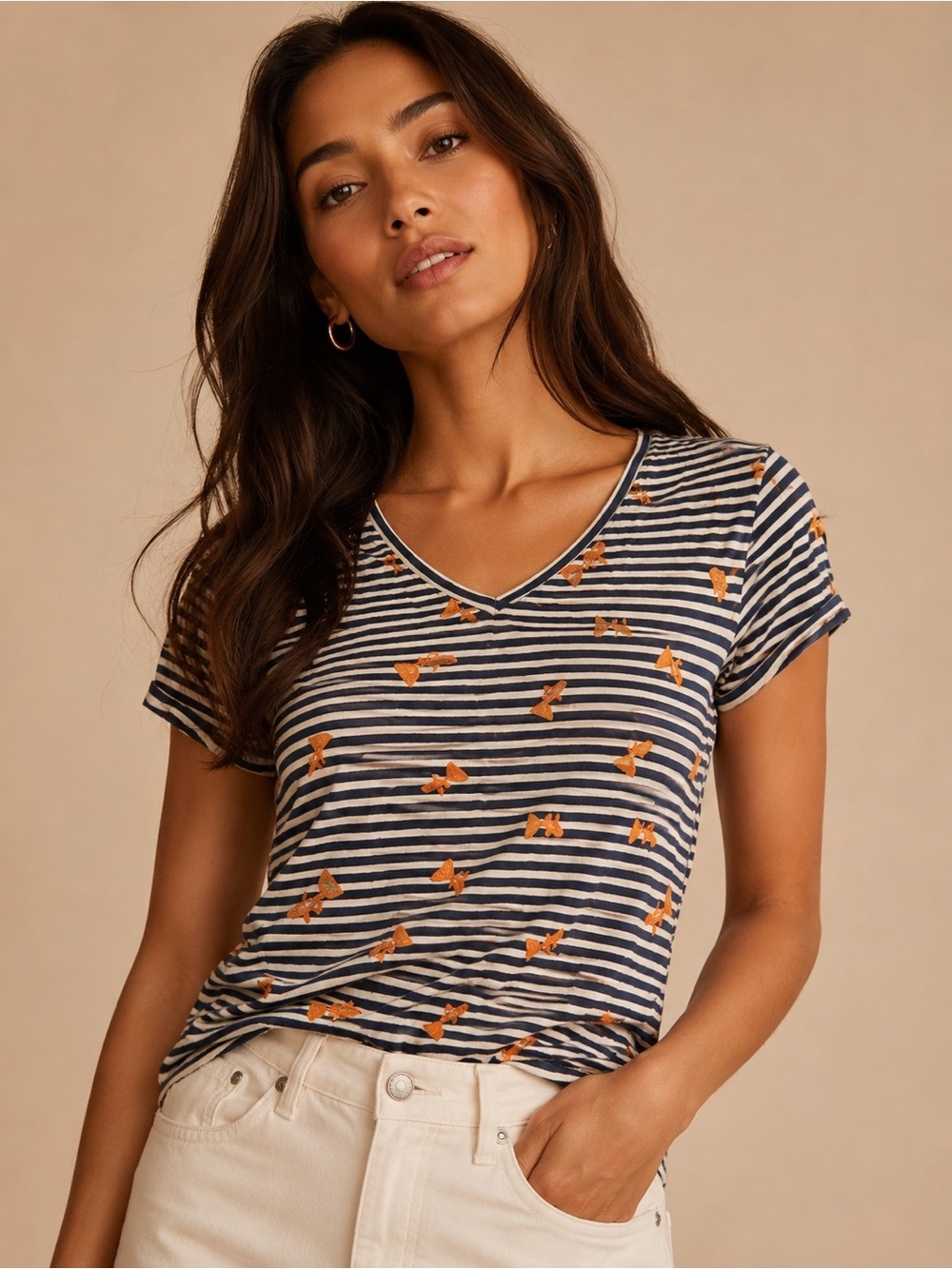 Maison Jules Navy & White Striped V‑Neck Tee with Orange Bow Print